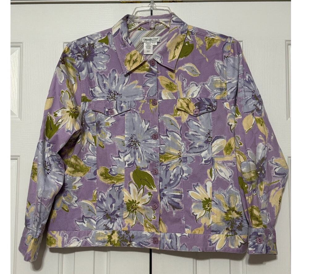 Vintage Coldwater Creek Lavender Spring Floral Trucker-Style Jacket, Size L